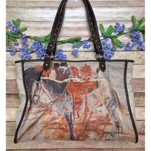 Montana West Tan Canvas & Brown Studded Trim Horse Painting  Large Purse Tote